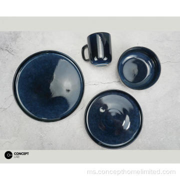 Makan malam stoneware berkilat reaktif ditetapkan dalam warna biru gelap
